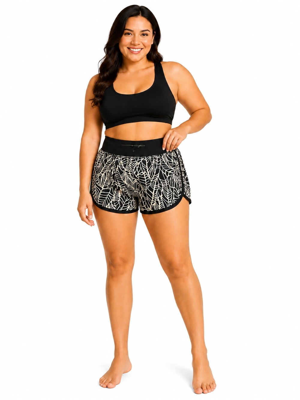Lululemon Women’s Size 4 Black Cream Leaf Print Running Shorts Zip Pocket